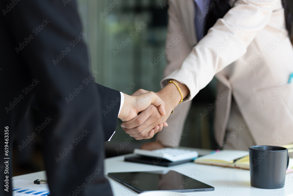 Partner, colleague, businesswoman shaking hands at business meeting, job interview.