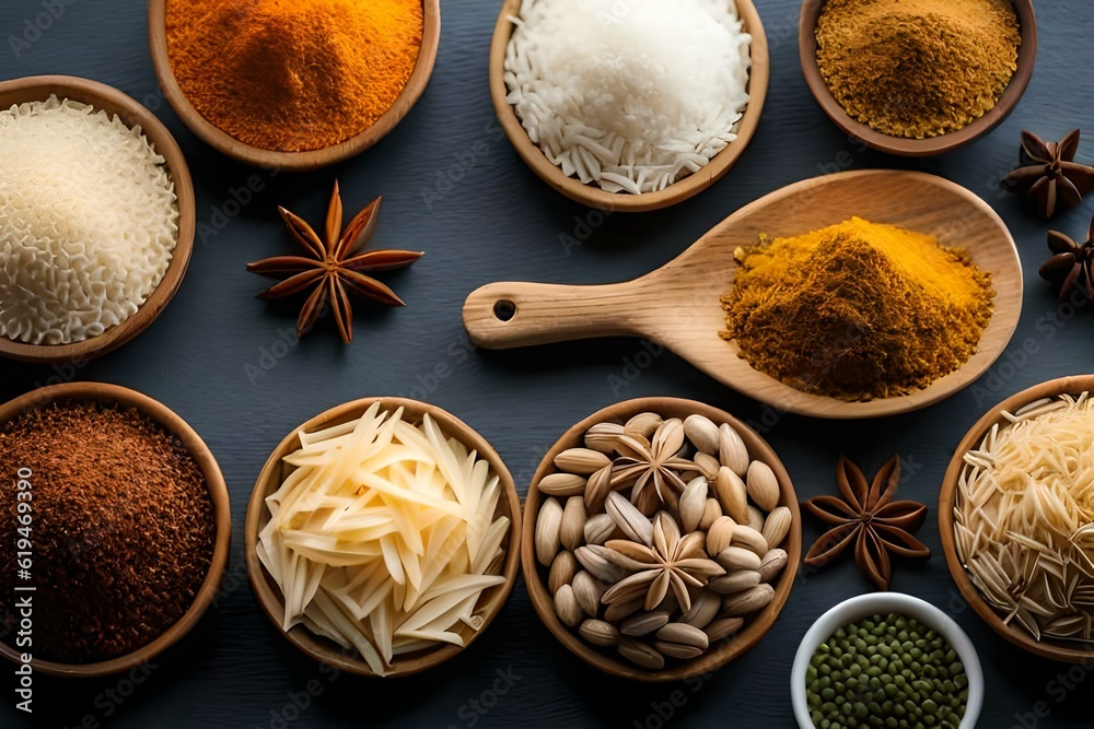 Rice and Spices in bowls and spoon. AI Image