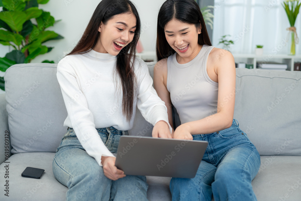 Two young Asian women having fun while shopping online on their laptops on the sofa together in the 