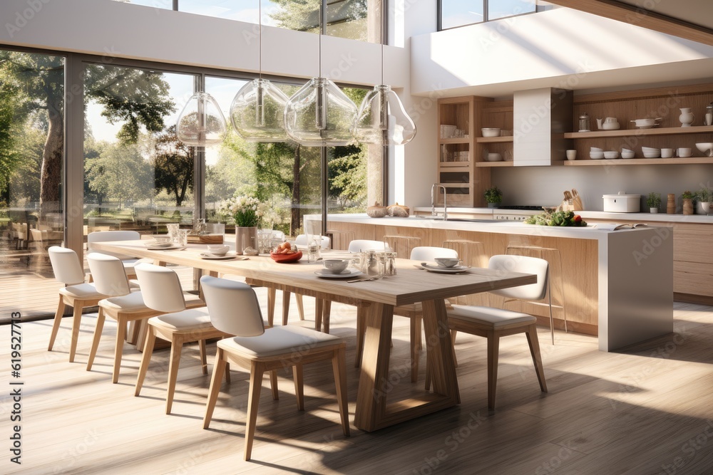 Stylish kitchen interior with wooden table and chairs, Stylish kitchen interior, Scandinavian dining