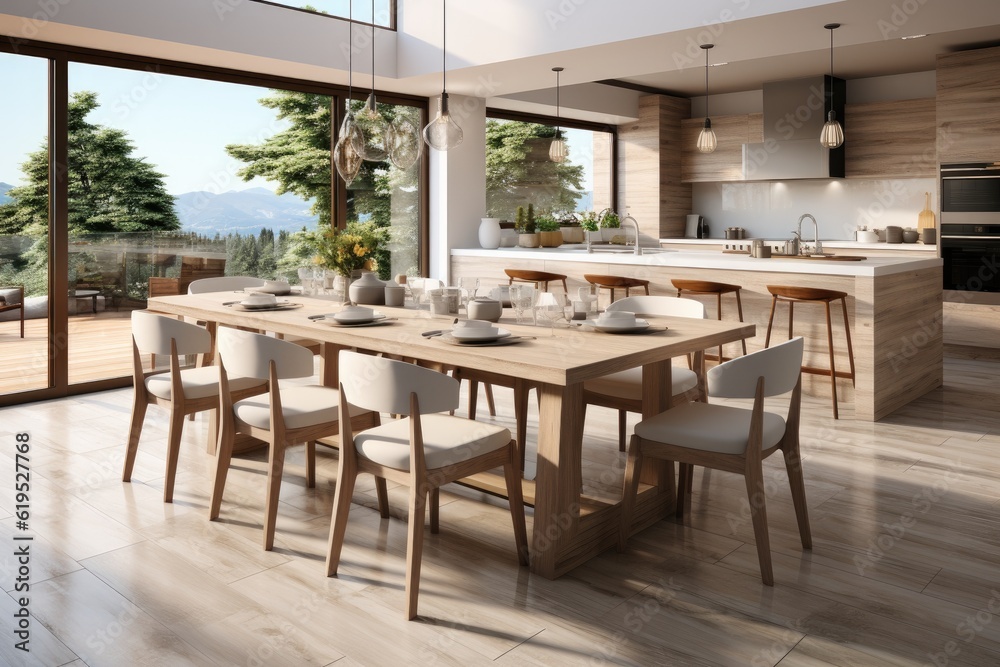 Stylish kitchen interior with wooden table and chairs, Stylish kitchen interior, Scandinavian dining