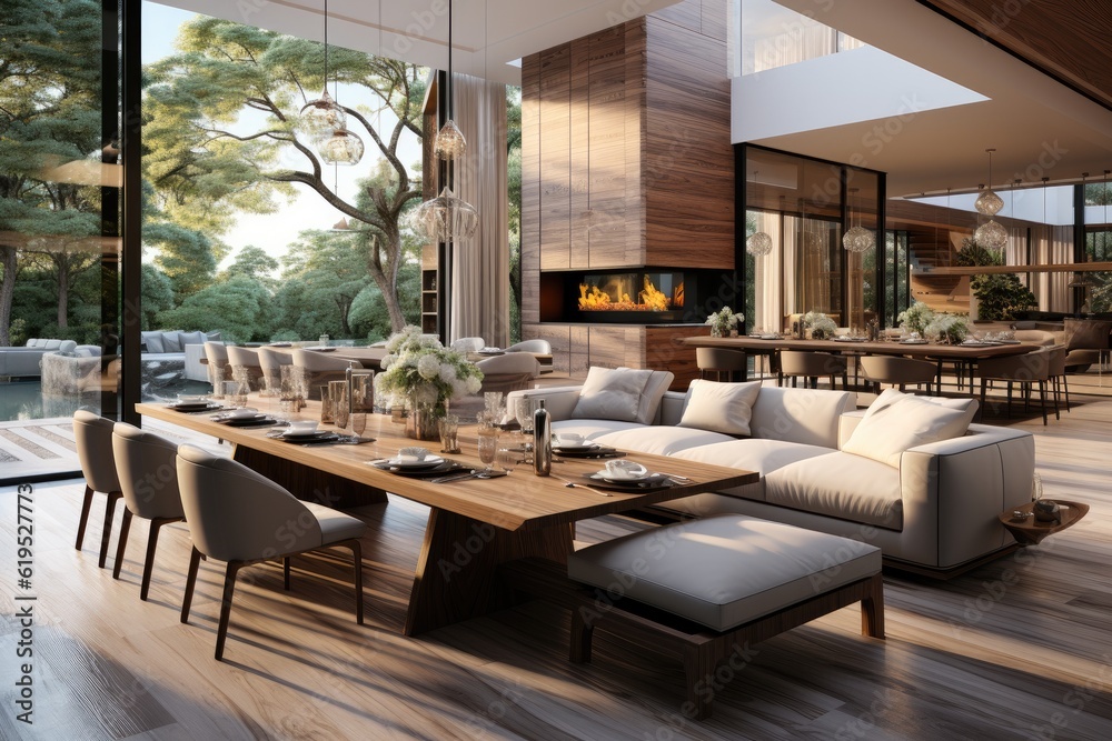 Beautiful living room interior in new luxury home, dining room, and wall of windows with amazing ext