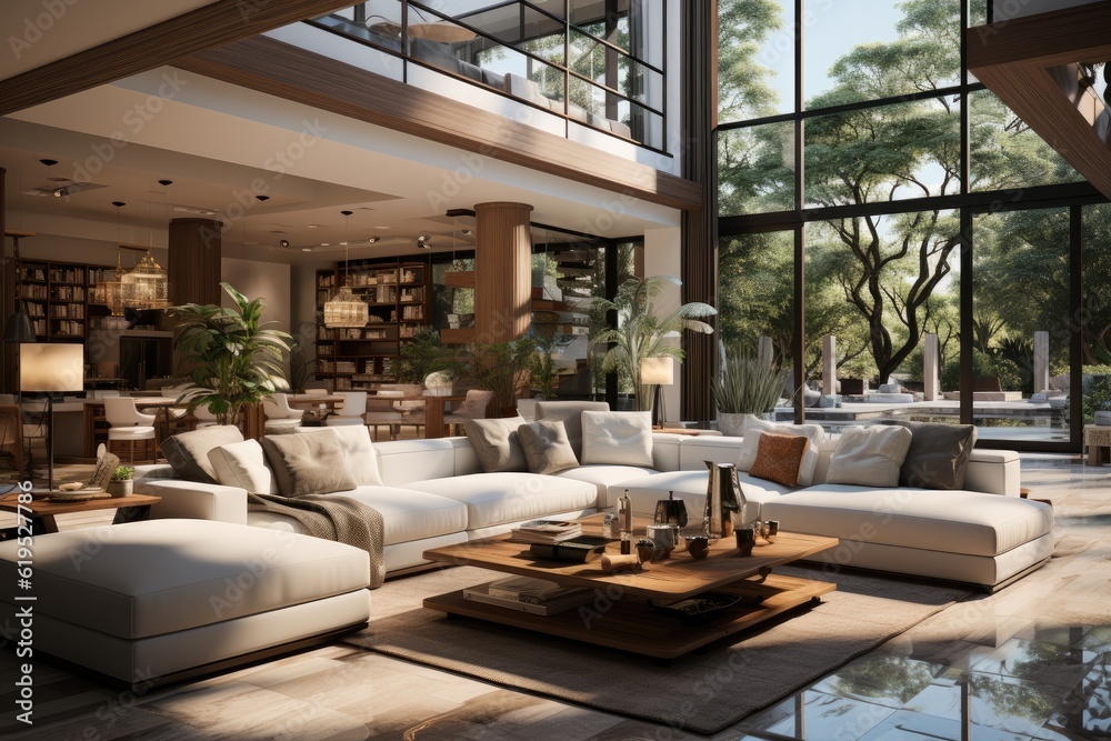 Living room of luxury eco house, parquet floor and wooden roof trusses, Panoramic window with nature