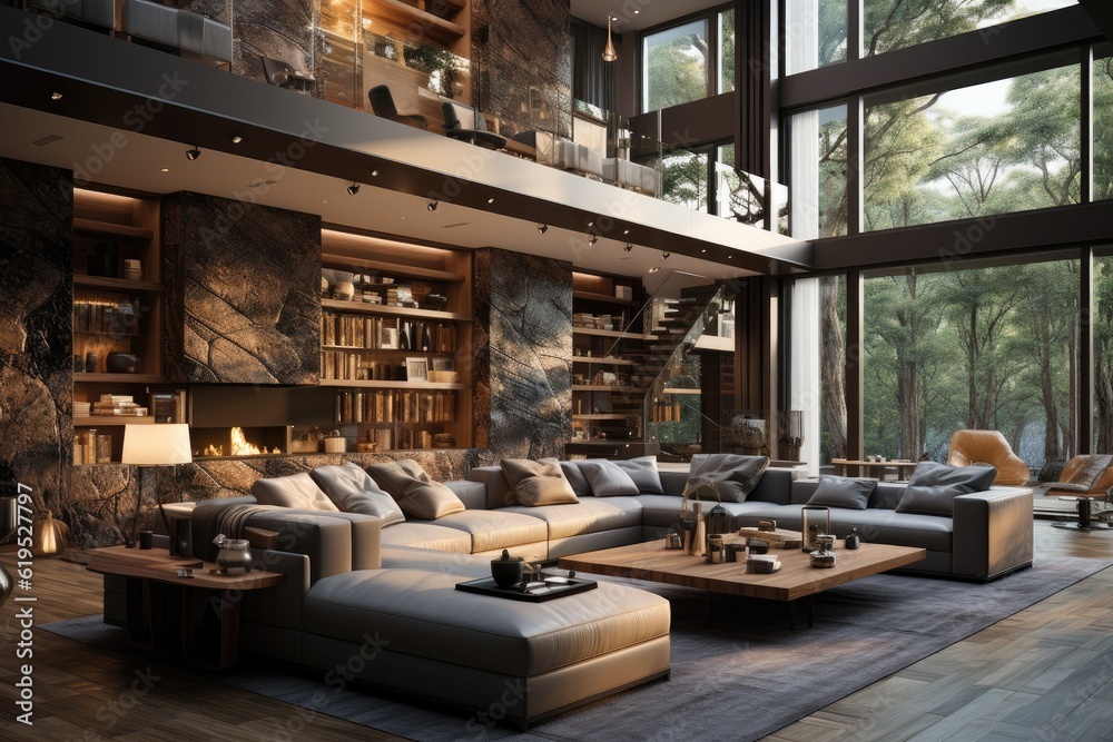 Living room of luxury eco house, parquet floor and wooden roof trusses, Panoramic window with nature