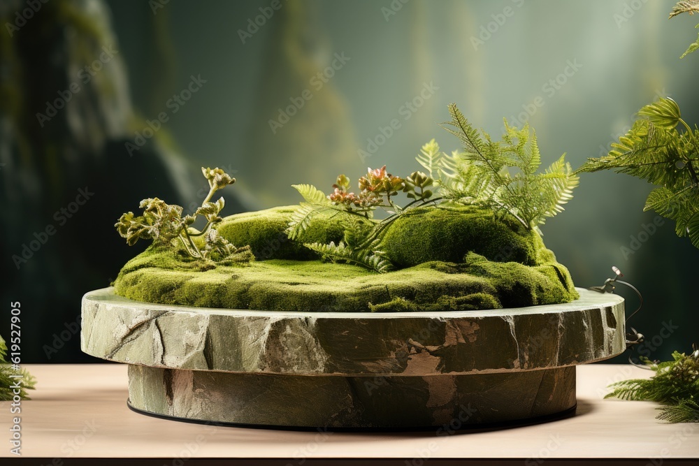 Abstract podium for organic cosmetic products, Stone podium with green moss, Natural style.