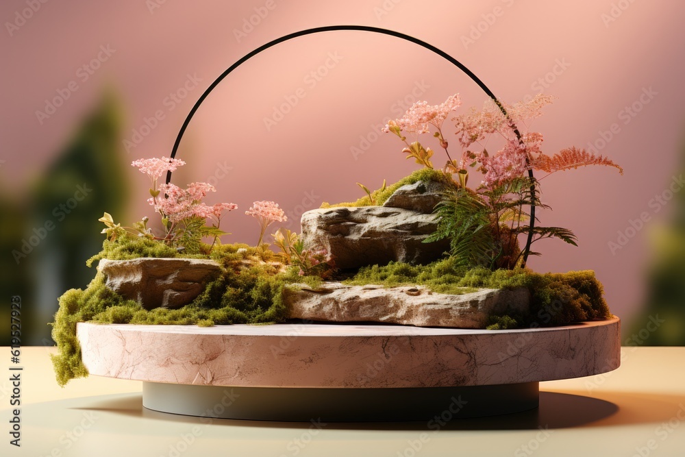 Abstract podium for organic cosmetic products, Stone podium with green moss, Natural style.