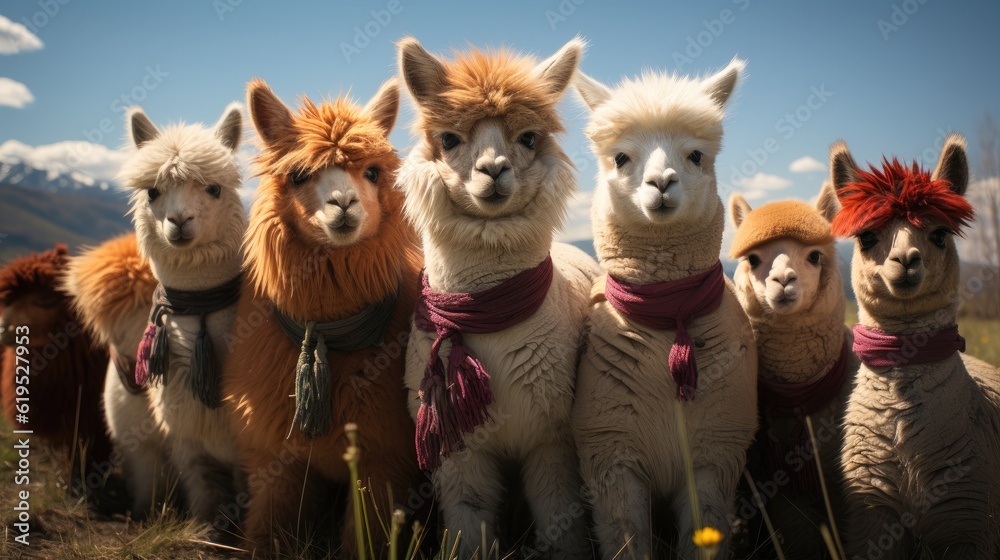 Alpaca herd on a spring meadow on a summer day.