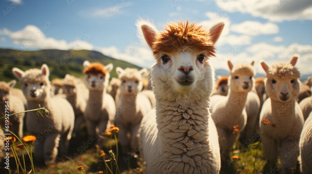 Alpaca herd on a spring meadow on a summer day.