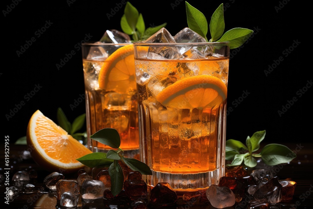 Glass of Aperol Spritz cocktail with ice and orange on a black background, Fresh alcoholic cocktail.