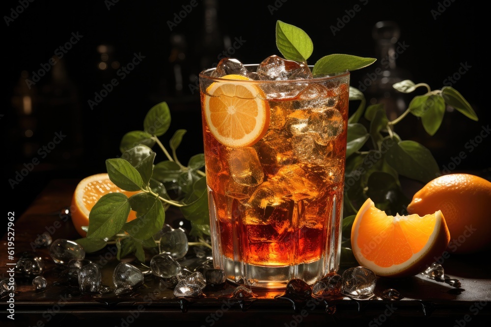 Glass of Aperol Spritz cocktail with ice and orange on a black background, Fresh alcoholic cocktail.