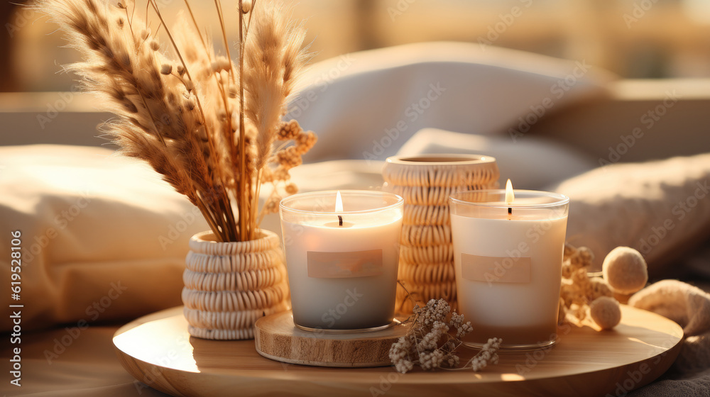 Candle with blank label on a wooden table, Elegant home decoration with burning candle.