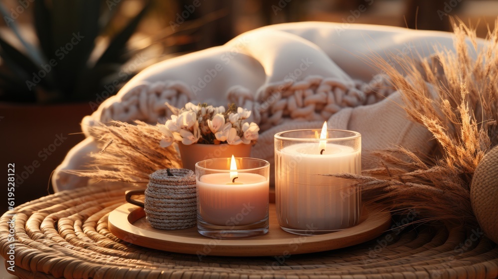 Candle with blank label on a wooden table, Elegant home decoration with burning candle.