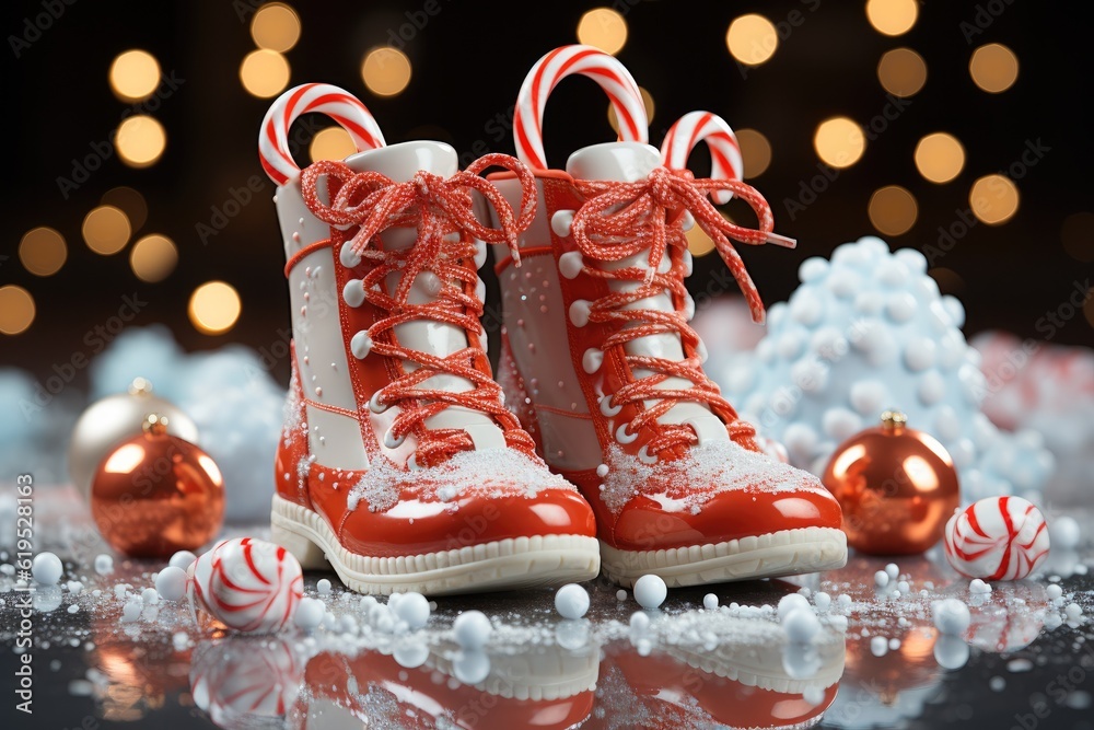 Christmas creative composition made with Santa boots with gifts on snow background, Minimal New Year