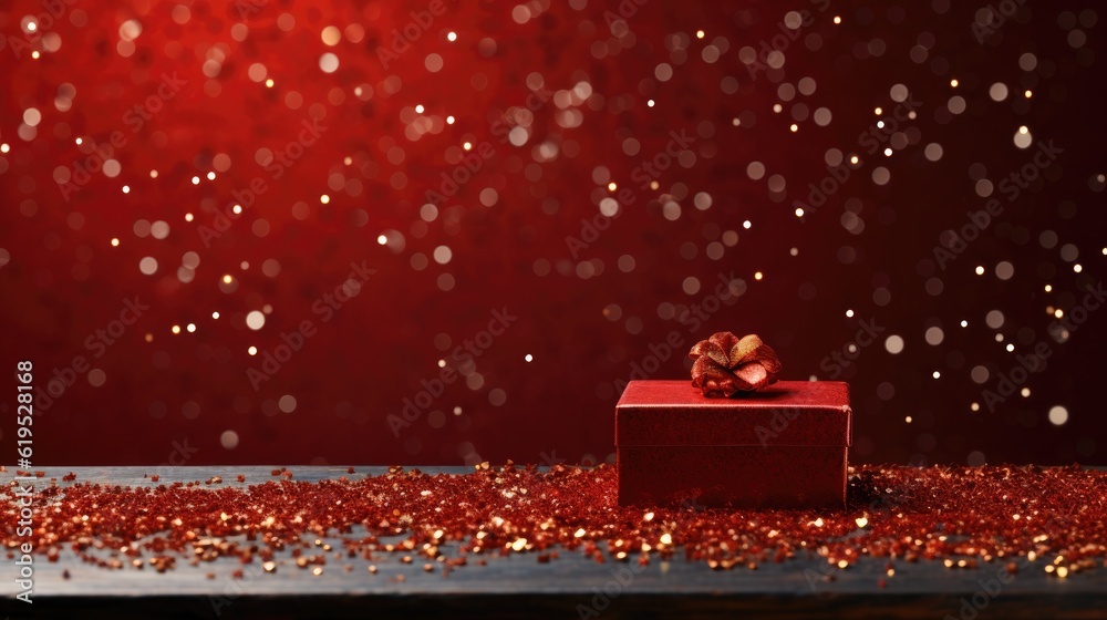 Red glitter gift box for Christmas and New Year typography on red background.