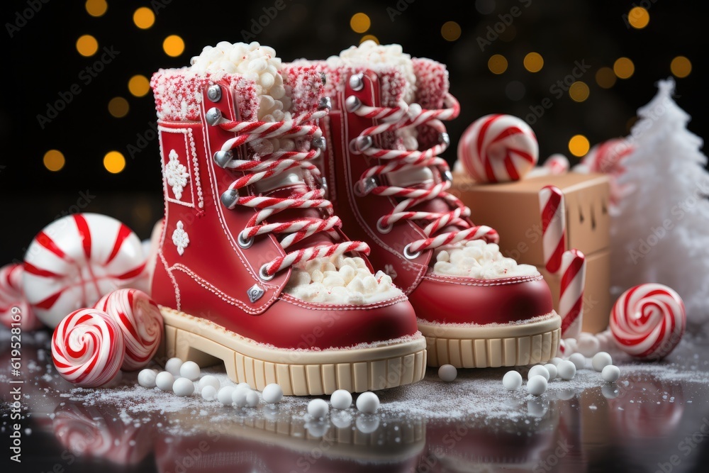 Christmas creative composition made with Santa boots with gifts on snow background, Minimal New Year