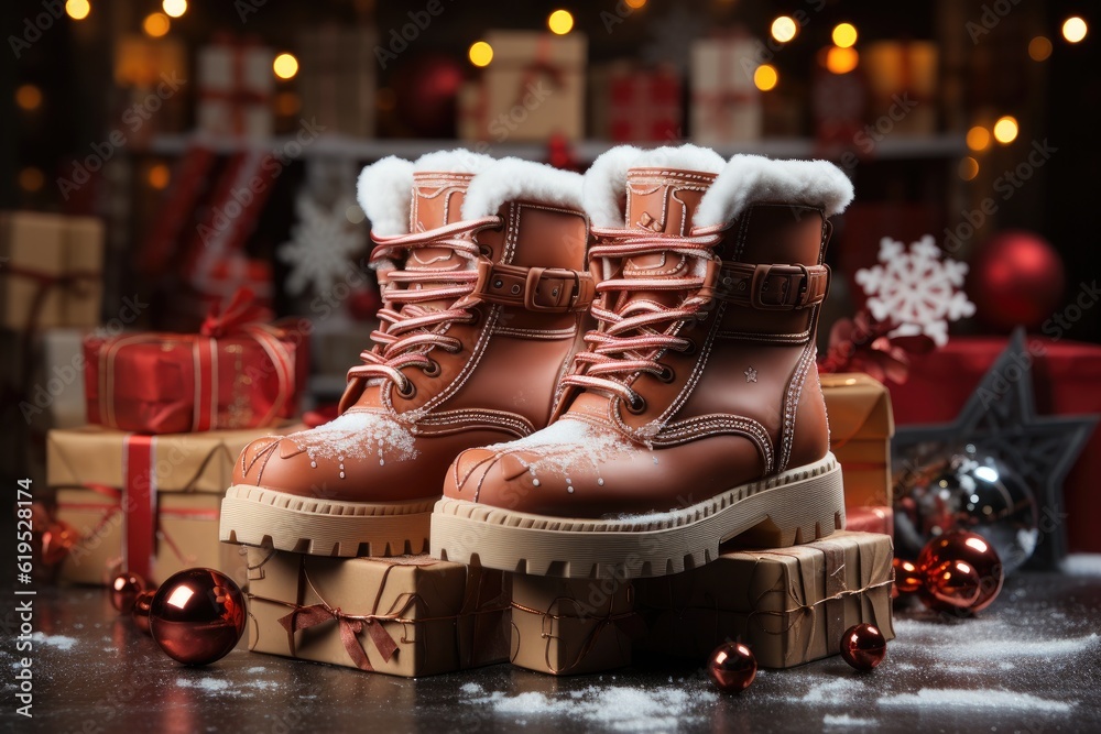 Christmas creative composition made with Santa boots with gifts on snow background, Minimal New Year