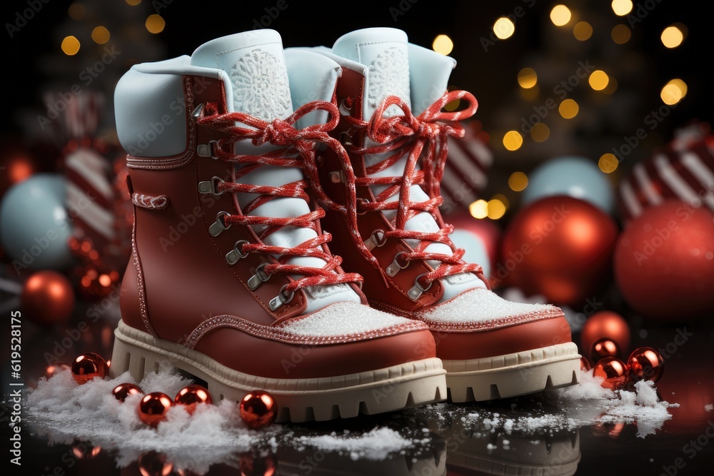 Christmas creative composition made with Santa boots with gifts on snow background, Minimal New Year