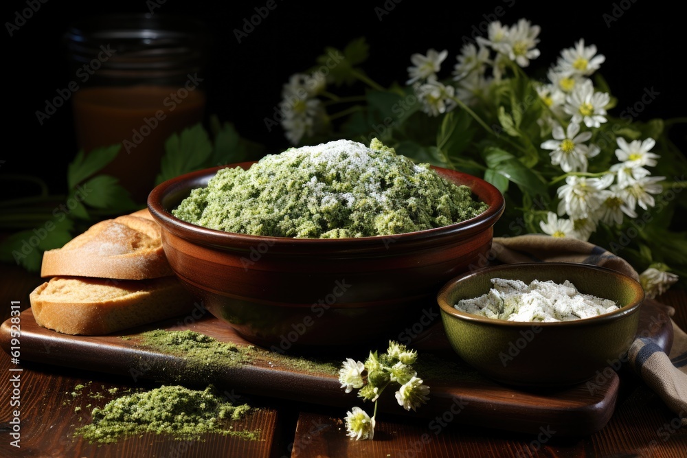 Flour buckwheat green in bowl with bread, Alternative flour.