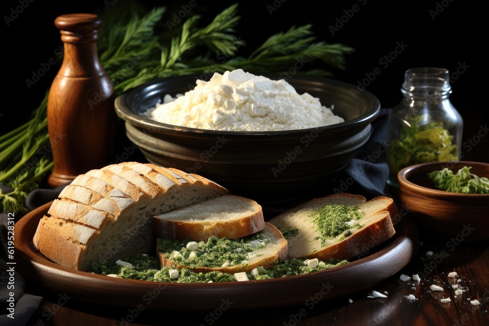 Flour buckwheat green in bowl with bread, Alternative flour.