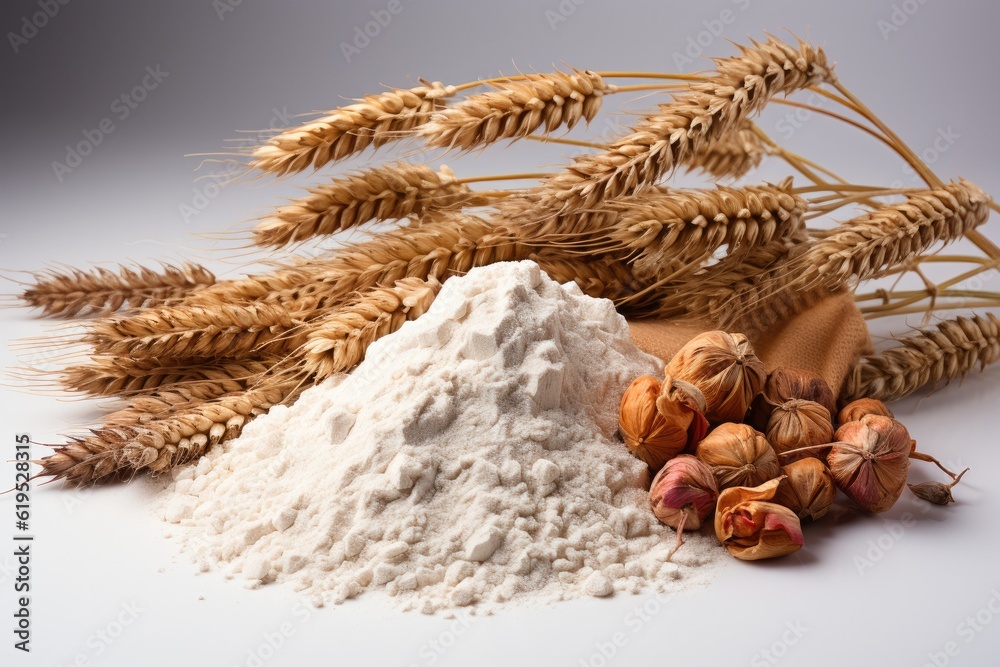 White wheat flour in wooden bowl on white background, Flour and wheat grain.