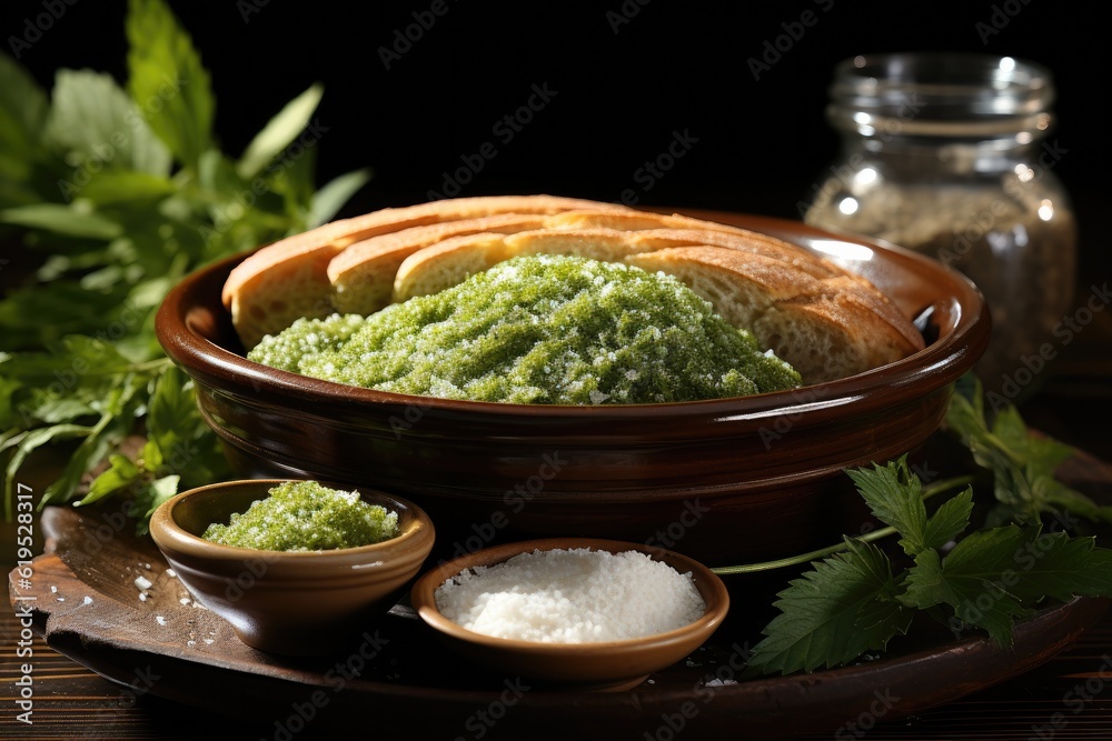 Flour buckwheat green in bowl with bread, Alternative flour.