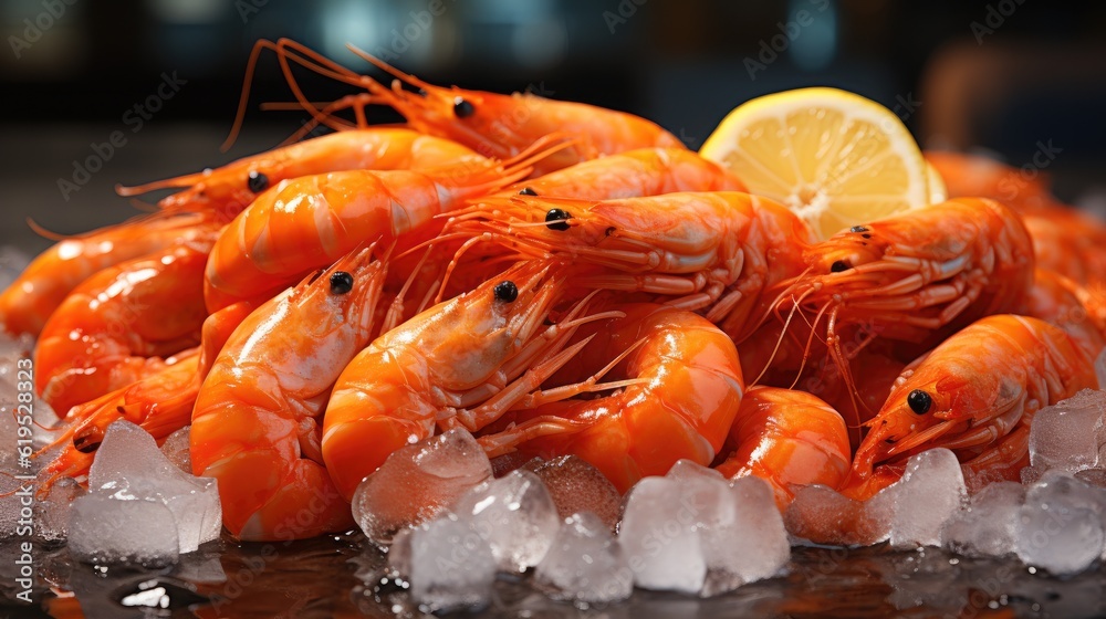 Fresh shrimps, Red shrimp on the ice at the supermarket.