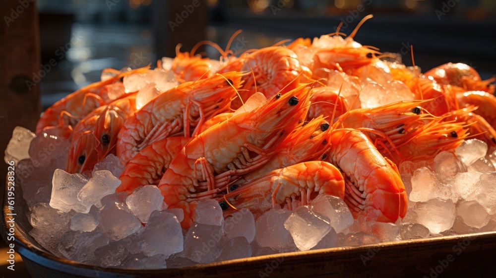 Fresh shrimps, Red shrimp on the ice at the supermarket.