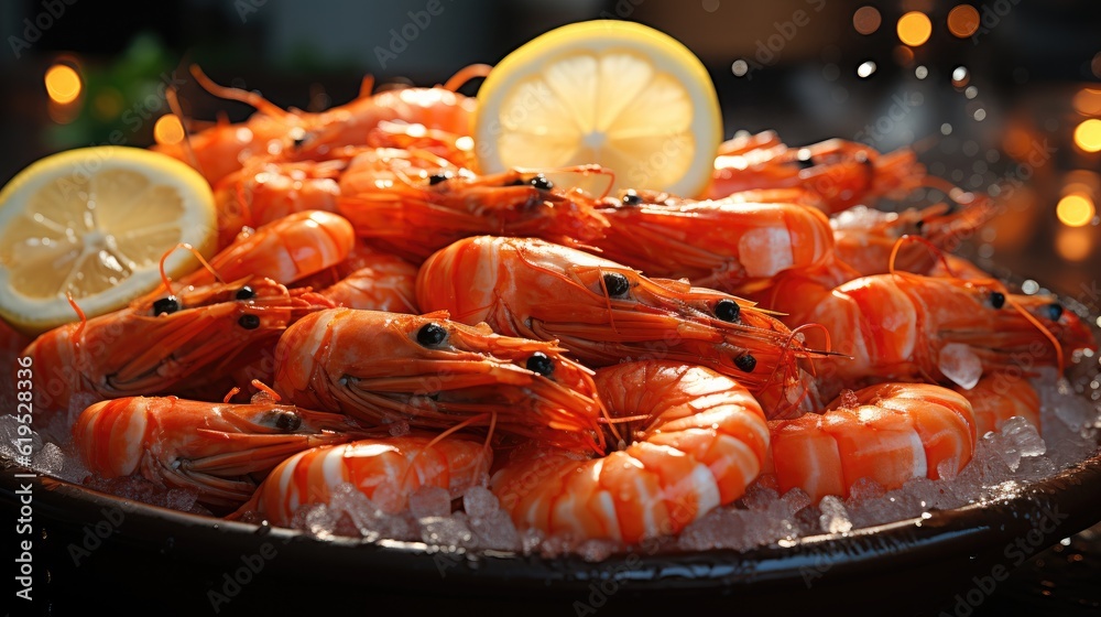 Fresh shrimps, Red shrimp on the ice at the supermarket.