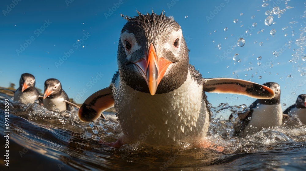 Gentoo Penguins are swimming at sea.