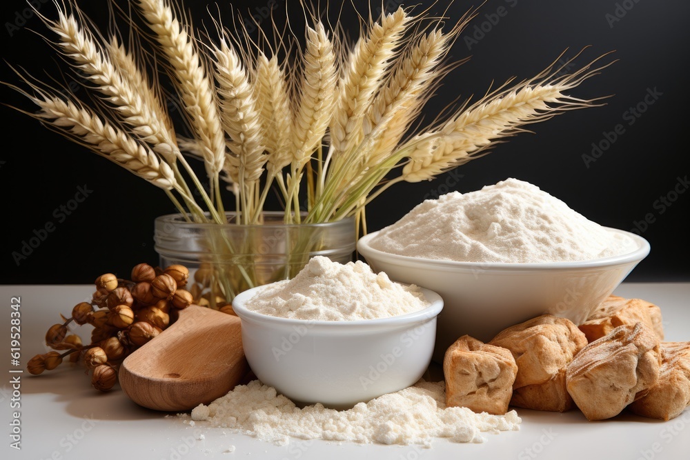 White wheat flour in wooden bowl on white background, Flour and wheat grain.