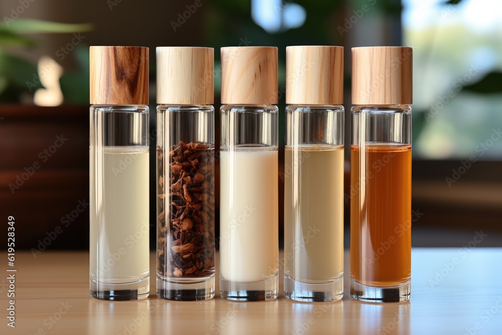 Glass tubes of cosmetic product with serum and cream on wooden shelf, Skin care concept.