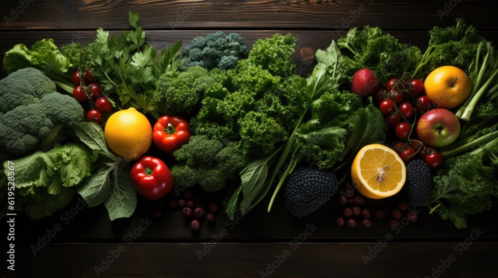 Green food, variety of organic fruits and vegetables on a wooden background, Healthy eating.