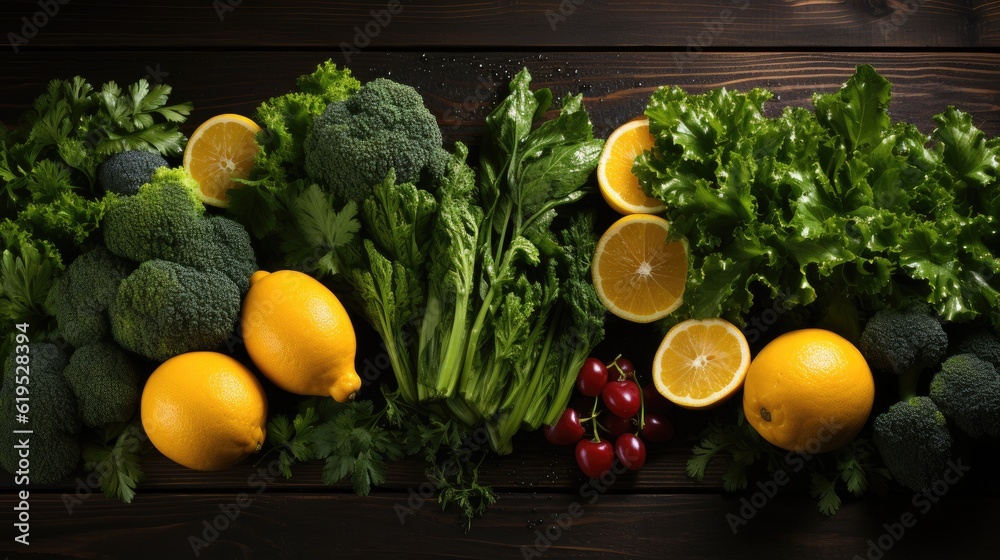 Green food, variety of organic fruits and vegetables on a wooden background, Healthy eating.