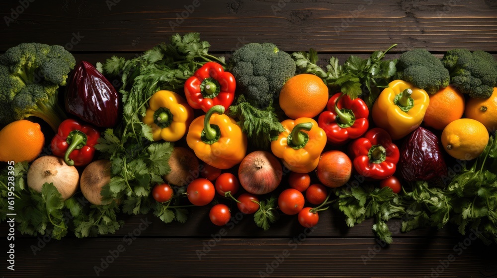 Healthy food, Fresh green vegetables and fruits, Different vegetables on a wooden desk