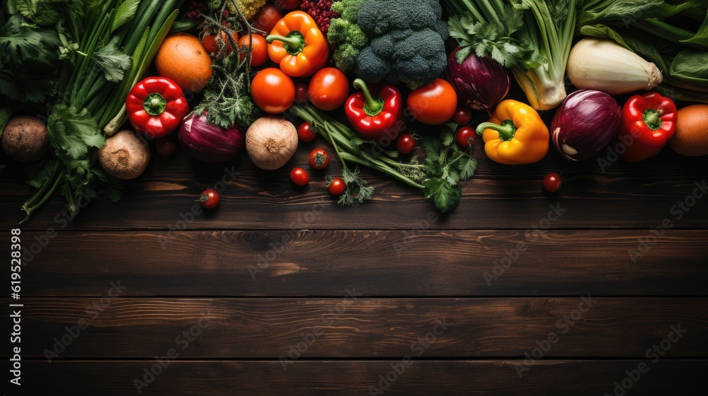 Healthy food, Fresh green vegetables and fruits, Different vegetables on a wooden desk