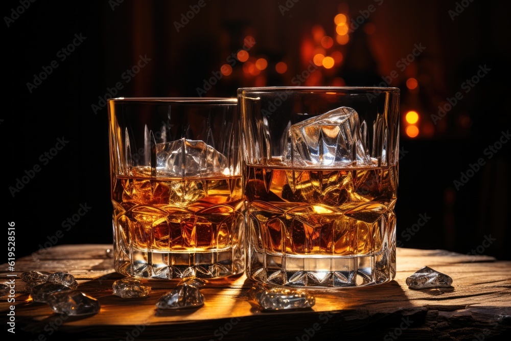 Glass of whisky with ice on wooden table.