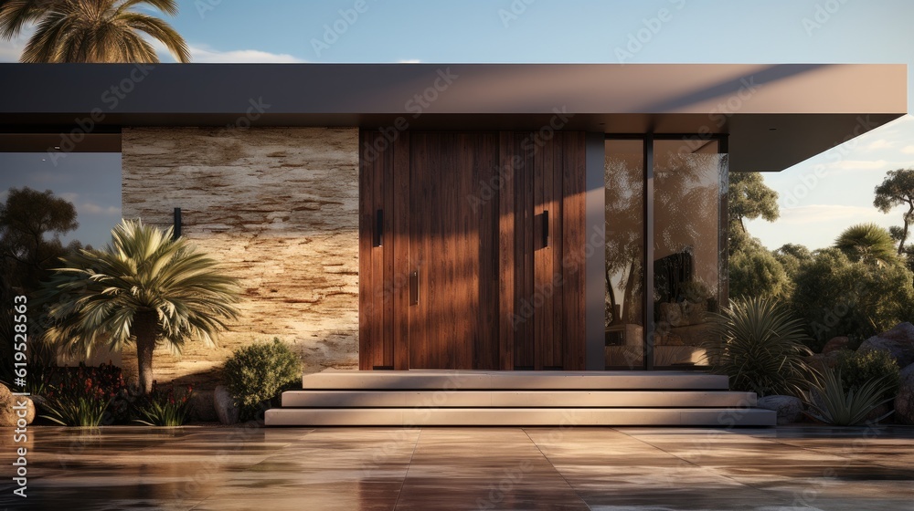 Modern house front solid wood door, Entrance in a modern luxury villa interior.