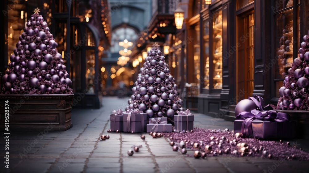 Merry Christmas, Modern purple christmas tree with ornaments and lights in store front or building f