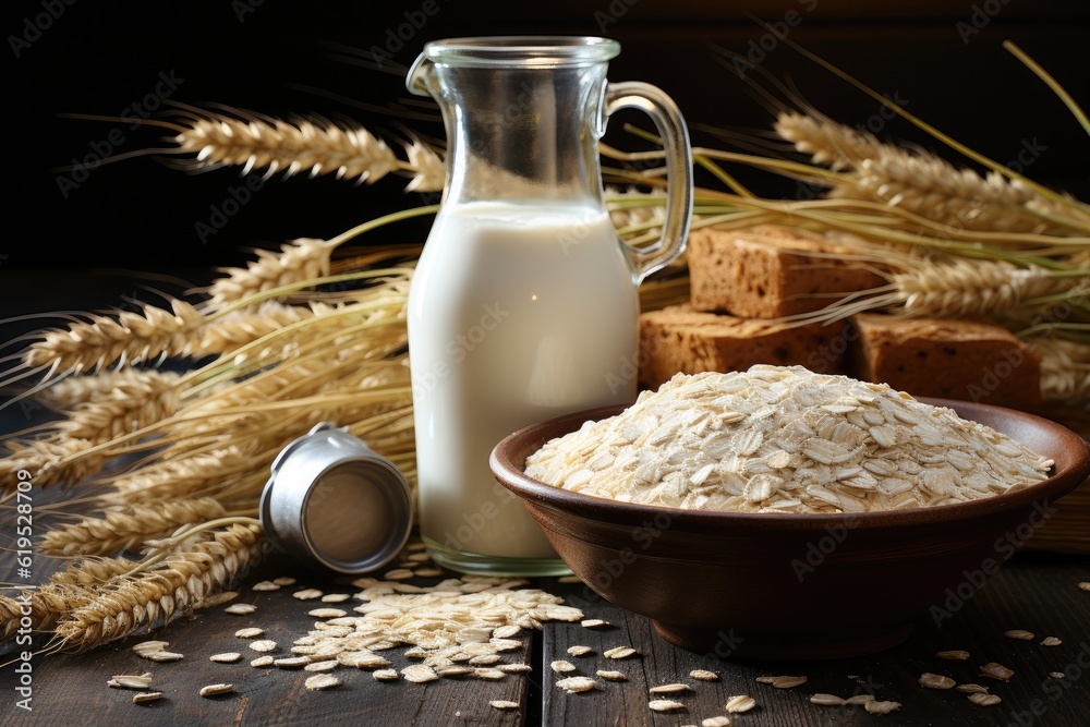 Oat flakes and flour in bowls, Oatmeal milk in a glass jug and ripe oaten stalks against a wooden bo