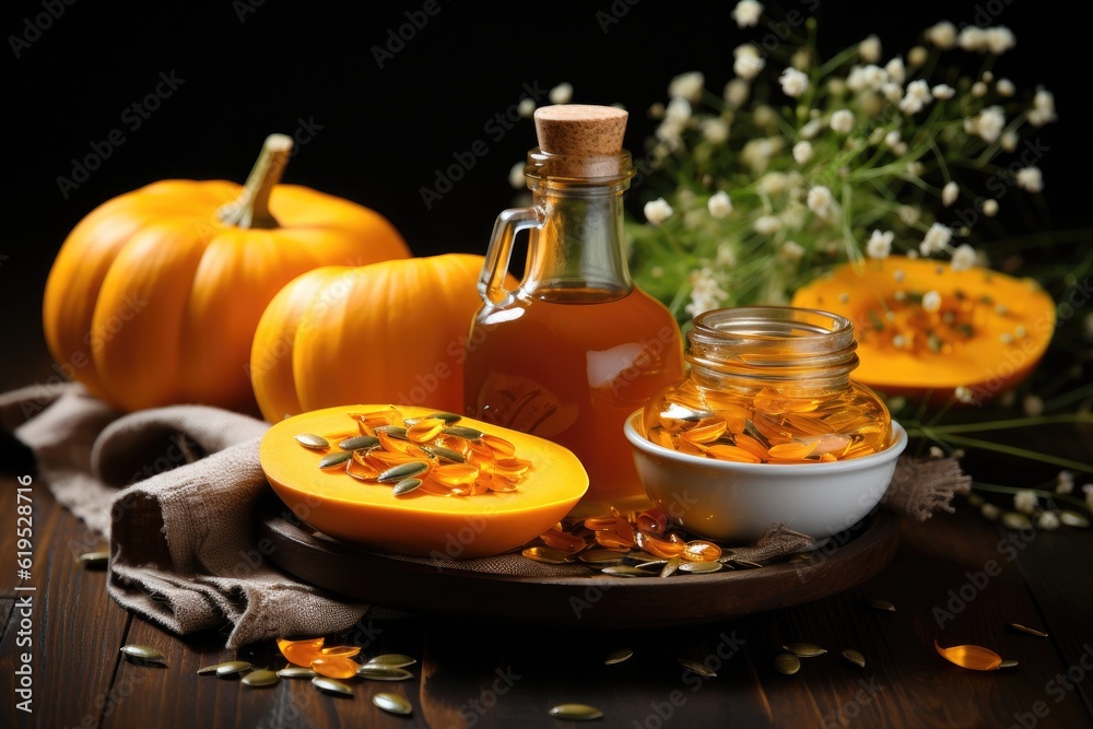 Oil pumpkin in vial and sauce boat on black wooden board, Seeds on the table.