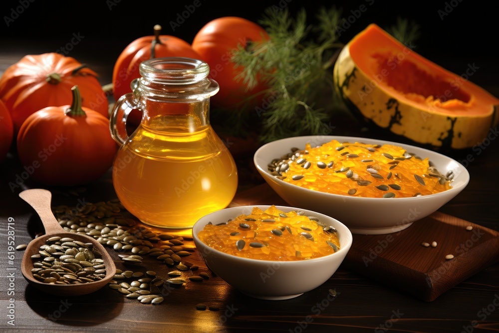 Oil pumpkin in vial and sauce boat on black wooden board, Seeds on the table.