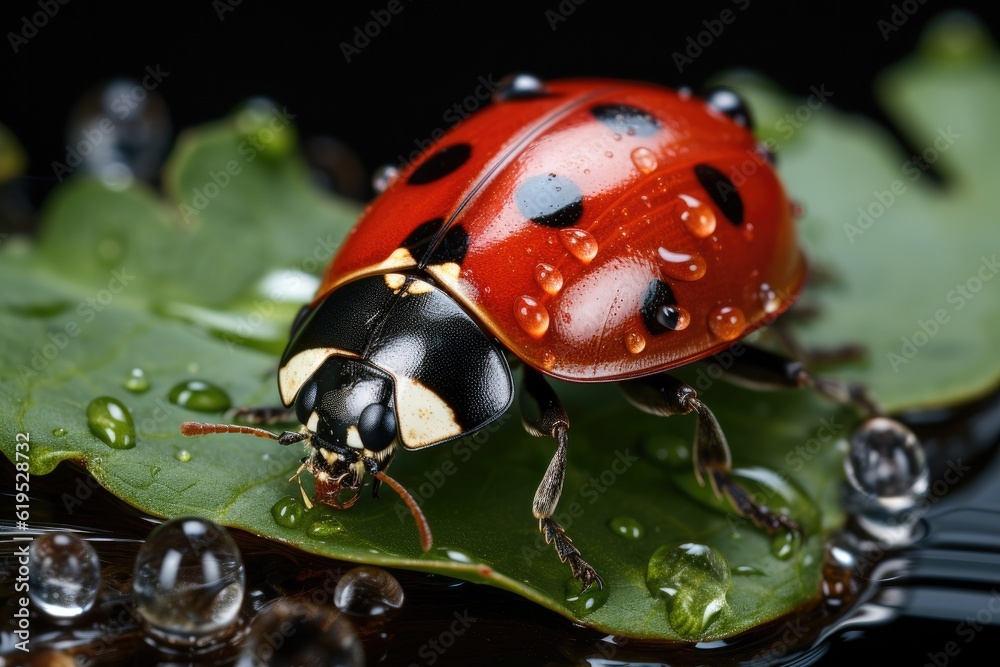 Red Ladybug Resting on a Green Leaf.