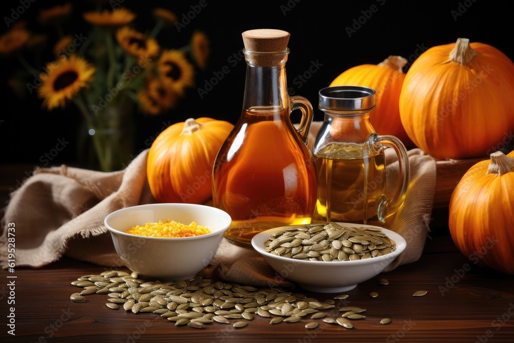 Oil pumpkin in vial and sauce boat on black wooden board, Seeds on the table.