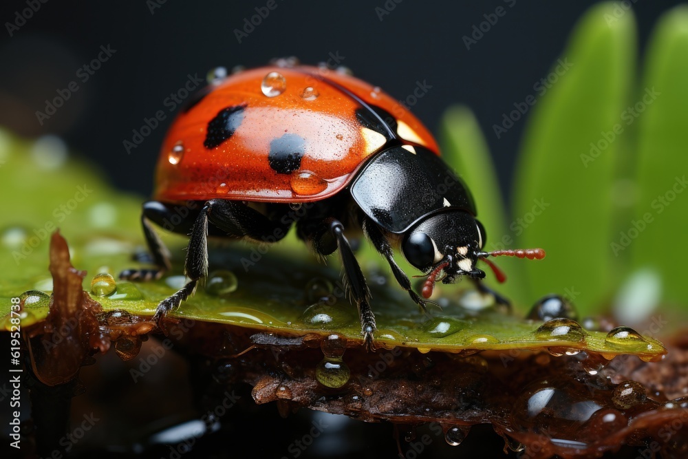 Red Ladybug Resting on a Green Leaf.