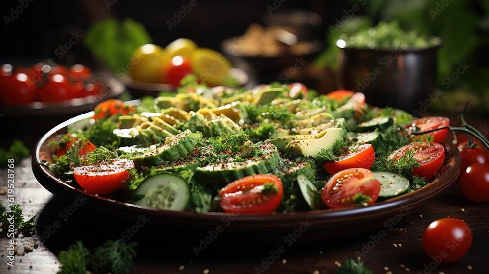 salad with vegetables and greens on wooden, Healthy food.