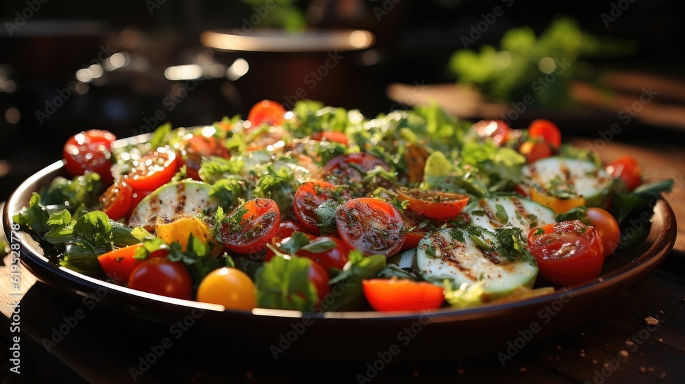 salad with vegetables and greens on wooden, Healthy food.