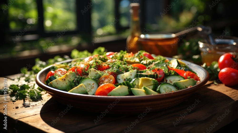 salad with vegetables and greens on wooden, Healthy food.