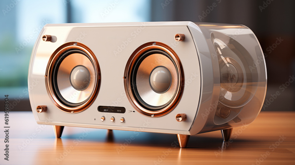 High-end stereo system, Luxury speakers, acrylic case, stereo audio.