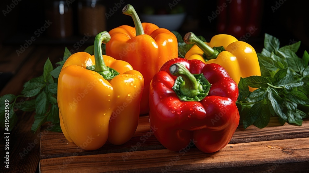 Sweet peppers on a wooden background for cooking vegetable salad, Fresh sweet pepper.