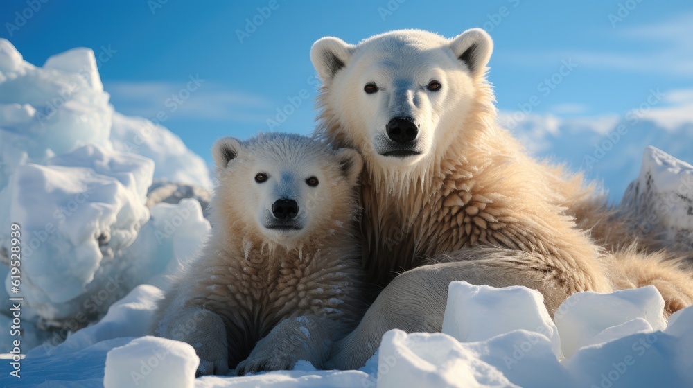 Two Polar bears relaxed on drifting ice with snow, Two animals playing in snow.